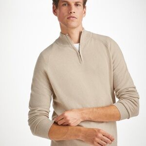 Faconnable Men’s Half Zip 1/2 Quarter Zip Oatmeal Tan Lightweight Sweater Large